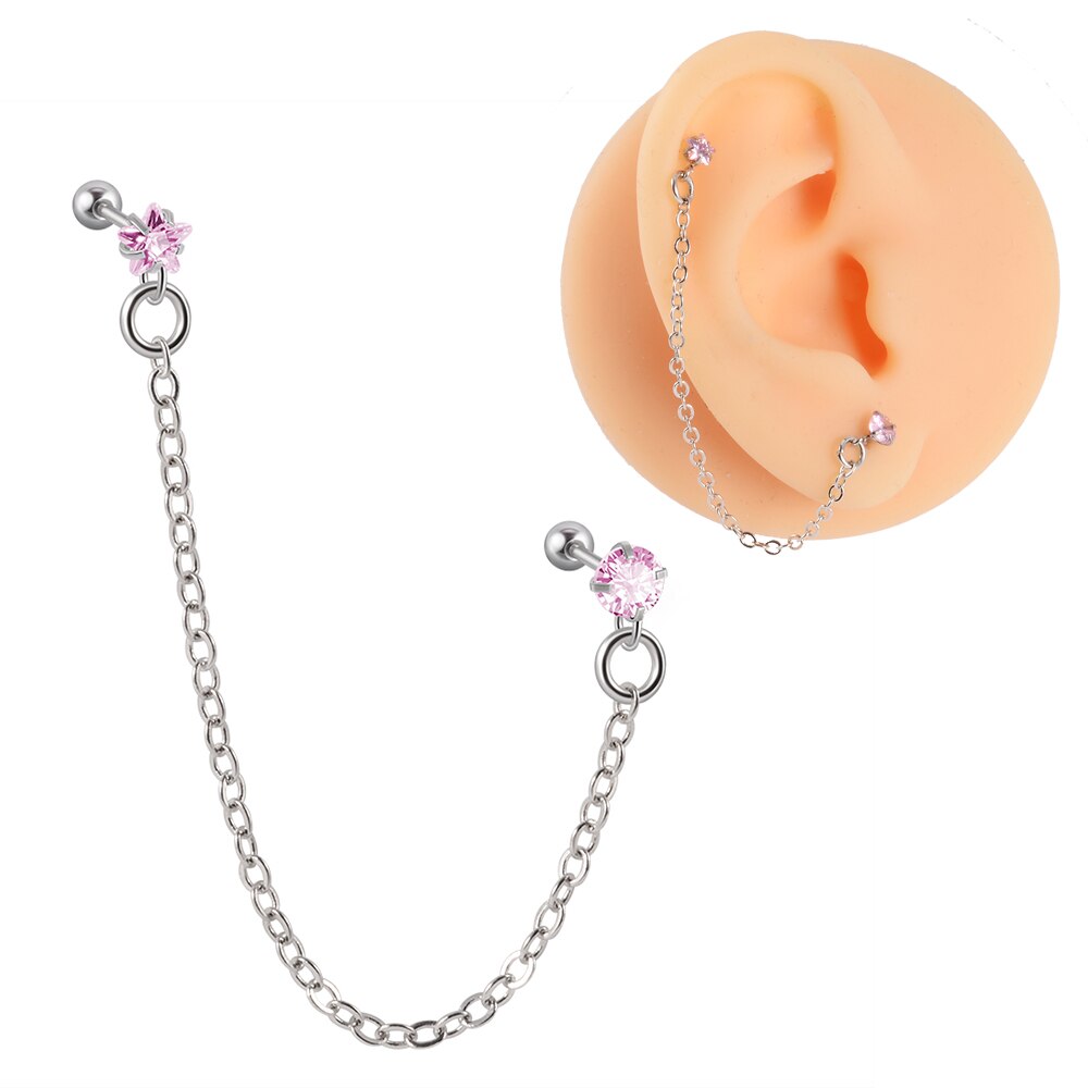 1Pc Chirurgisch Staal Cz Gem Oor Tragus Kraakbeen Piercing Zirkoon Dangle Chain Earring Conch Oor Stud Helix Piercing Body sieraden: 1PC Pink Star