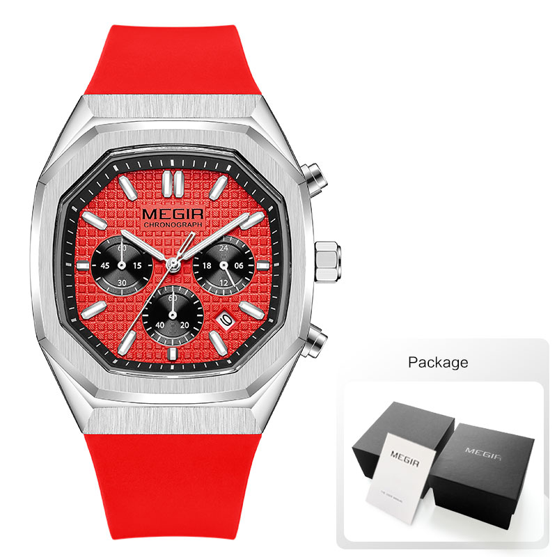 Megir heren waterdicht horloge met achthoekige wijzerplaat, chronograaf, quartz polshorloge met olijfgroene siliconen band, datumweergave en lichtgevende wijzers 2215: Zwart