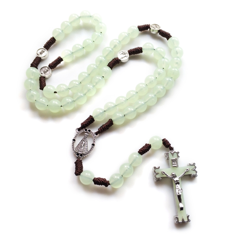 10mm Rosary Beads Luminous Necklace Jesus Crucifix Cross Pendant Necklaces Glow in Dark Religious Jewelry for Men Women