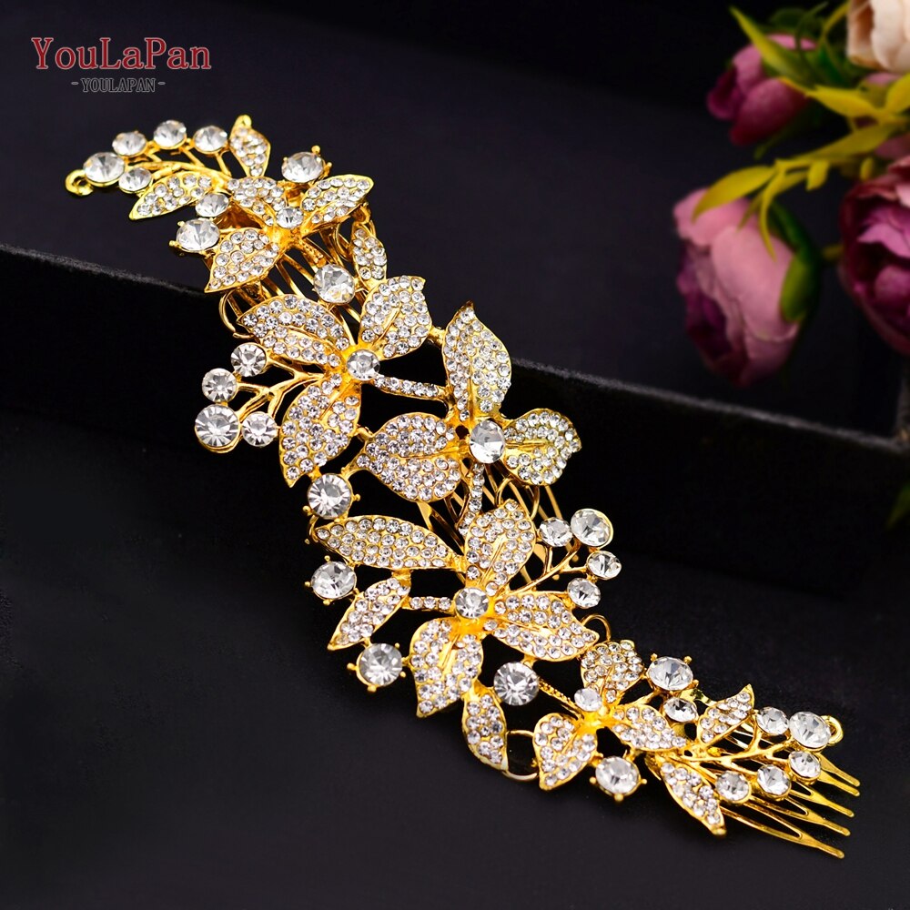Topqueen-acessórios de cabelo hp301, estilo indiano, para noivado, fabricado em liga de flores, coroa e tiaras, prata, para casamento: HP301-18K Golden