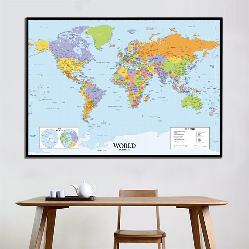 A2 Size The World Political Map Vinyl Spray Painting Canvas Waterproof Unframed Wall Map For Home Decor
