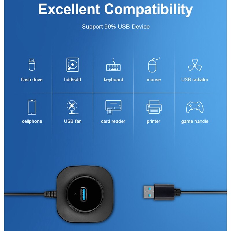 HUB USB 3,0 Multi USB 3,0, divisor de 4 puertos, Cable de 100Cm, Mini expansor de puerto USB múltiple para PC y ordenador