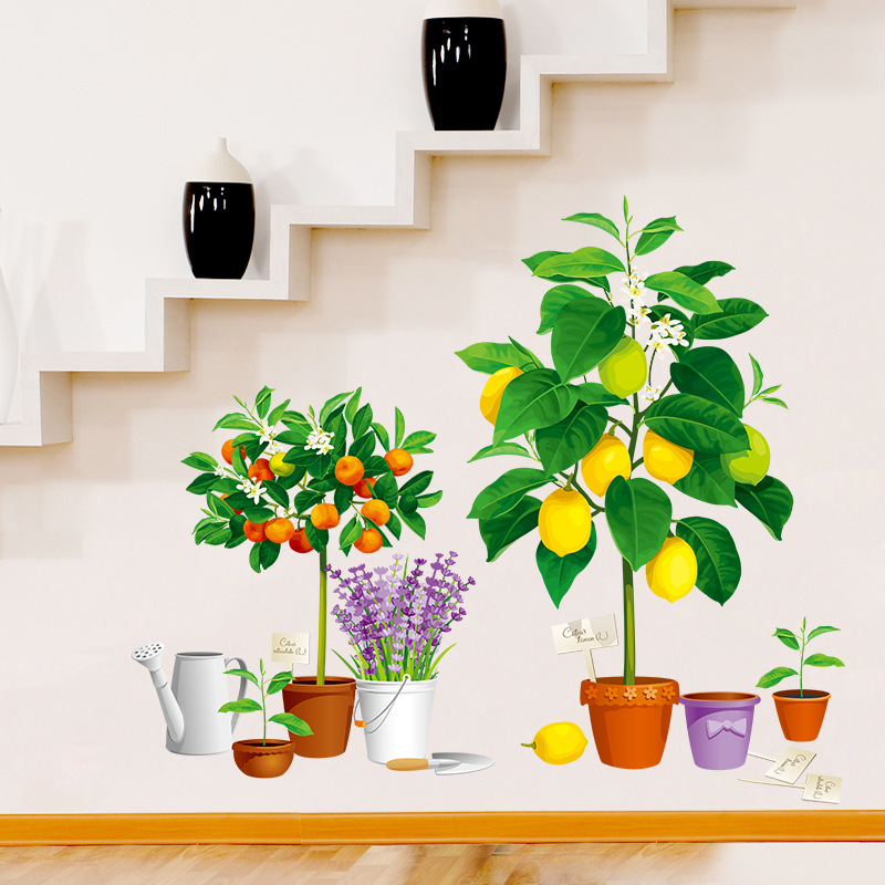Large 3D Potted Plant Wall Stickers Lemon Orange Tree Lavender Decals Kitchen Corridor Living Room Decor Mural Vinyl Baseboard