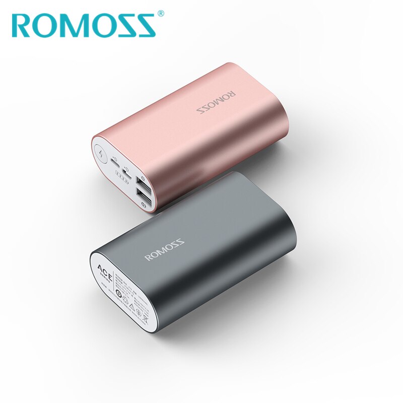 ROMOSS ACE10 10000mAh mini banco de energía de aleación de aluminio, paquete de batería externa con 2 puertos de entrada y salida USB Dual de 5V/2.1A