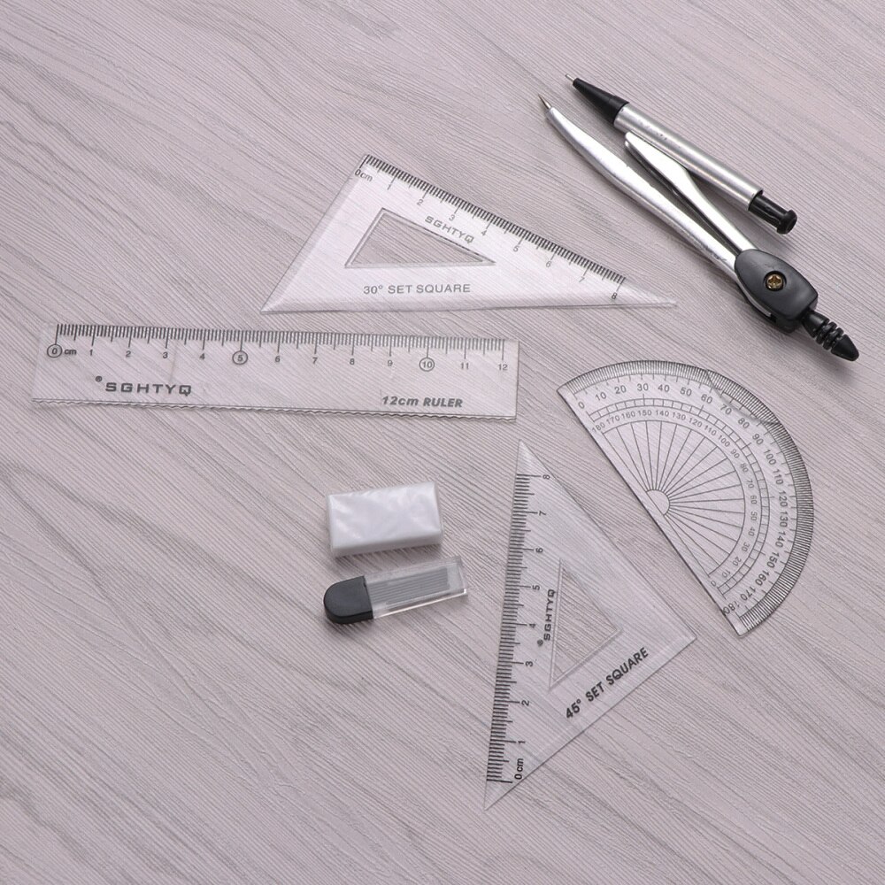 Compasses Set Geometry Drawing Tool with Protractor Divider Ruler Pencil Lead Eraser