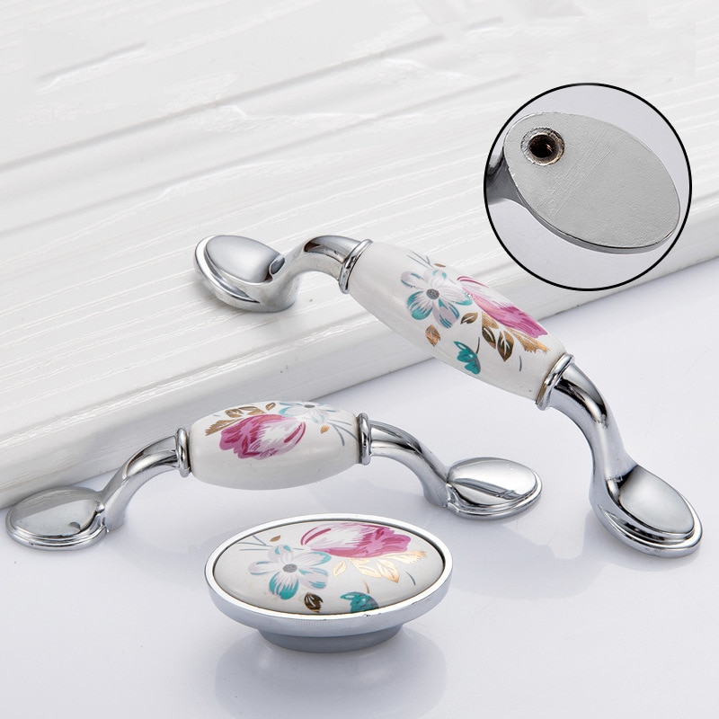 2 stk sølv keramik dørhåndtag tulipan skuffe trækker vintage blomster skab køkken skab håndtag og knopper møbel hardware