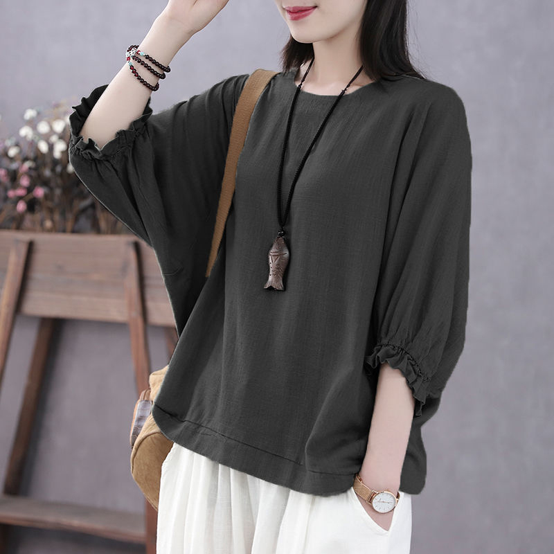 Zomer Losse Casual Batwing Halve Mouw Ruches Shirt Dames O Hals Effen Kleur Top Dames Oversized Pullover Blouse Femme