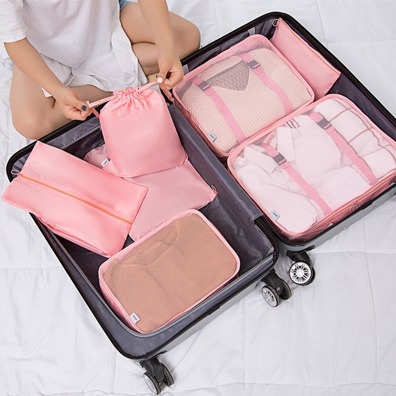 Multifunction 7pcs/set Travel Accessories Bags Organizer High Capacity Mesh Packing Cubes Clothes Arrange bag: Pink