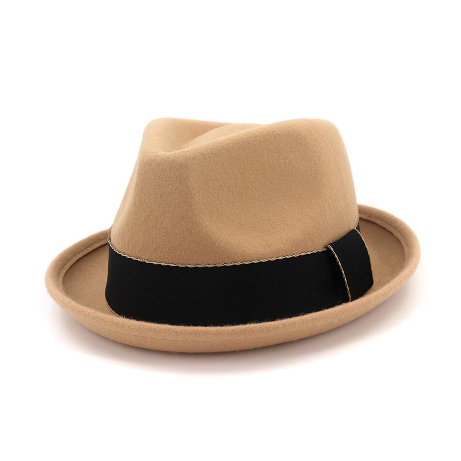 Hoaree vintage pork pie hoeden wollen fedora's vrouwen bordeauxrode trilby hoed dames retro jazz pet dames herfst winter vilten hoed: Kameel fedora