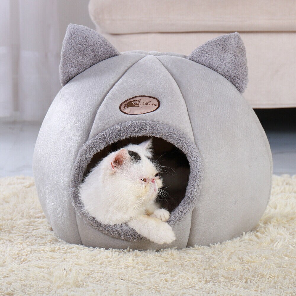 Cama grande para gatos, cueva pequeña de lana acogedora, iglú para mascotas, casa nido de invierno, perrera gris, sueño profundo, cómoda en invierno