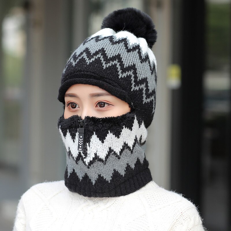 Double-Use Women Warm Knitted Hat Scarf Hooded Collar Elastic Winter All-Match Adult Teen Thick Soft Neck Warmer Female Caps: ZIPPER BLACK