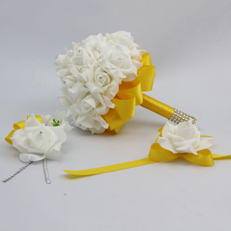 3 stks/set Bridal Bruidsmeisje Kunstbloemen houder Bruidsboeket Boutonniere Pols Corsage Set Thuis Party Bruid Accessoires: Gold