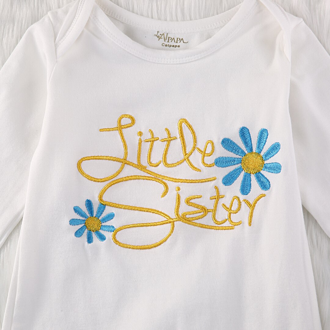 Langarm Kleine Schwester Neugeborenen Kleinkind Baby Mädchen Blume Stickerei Outfit Baby Kleid Hütte 2Stck einstellen