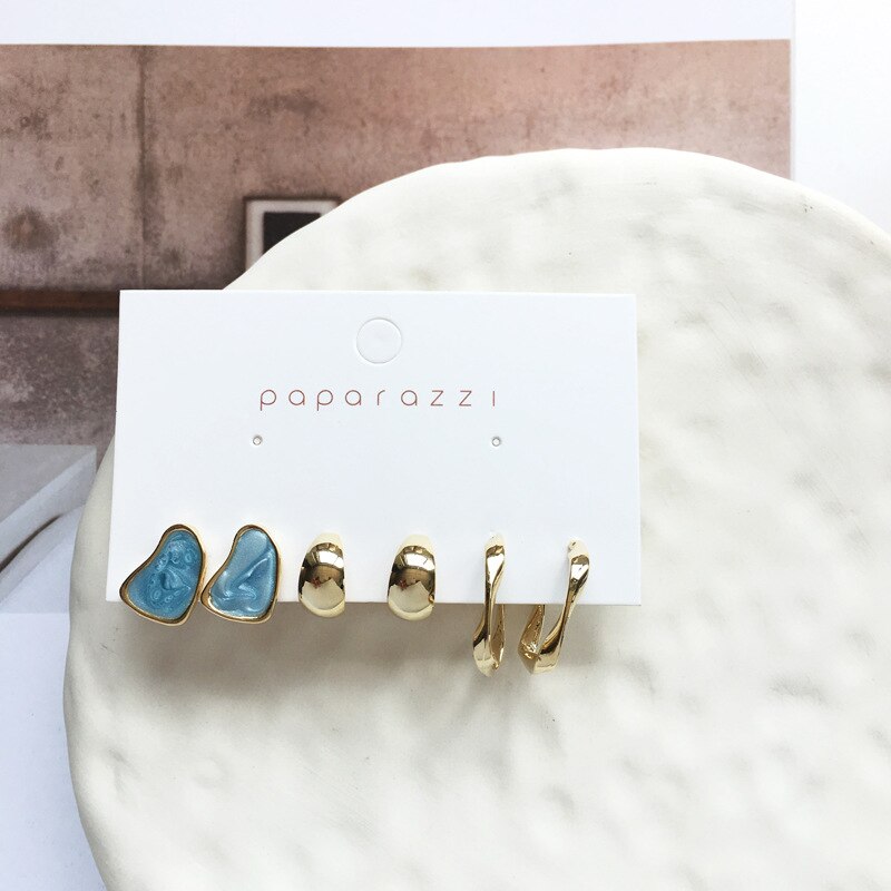 Joyería delicada, 3 juegos de pendientes, esmalte verde, azul, rosa, pequeños pendientes de tuerca, joyería dorada para mujeres, para estudiantes: Blue set
