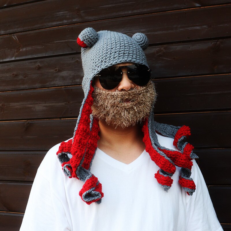 Gorro de lana tejido a mano para hombre, gorro con barba de pulpo, divertido, para de Cosplay, para invierno