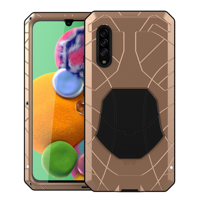 For Samsung Galaxy A90 5g Phone Case Hard Aluminum Metal Case Tempered Glass Screen Protector Cover Heavy Duty Protection Cover: gold