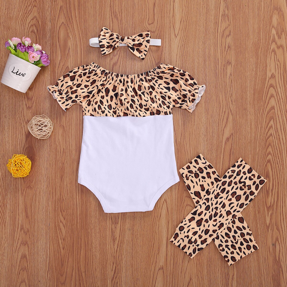 0-24m baby meisjes jongens bodysuits 3 stuks luipaardprint ruches korte mouwen jumpsuits beenwarmers hoofdband