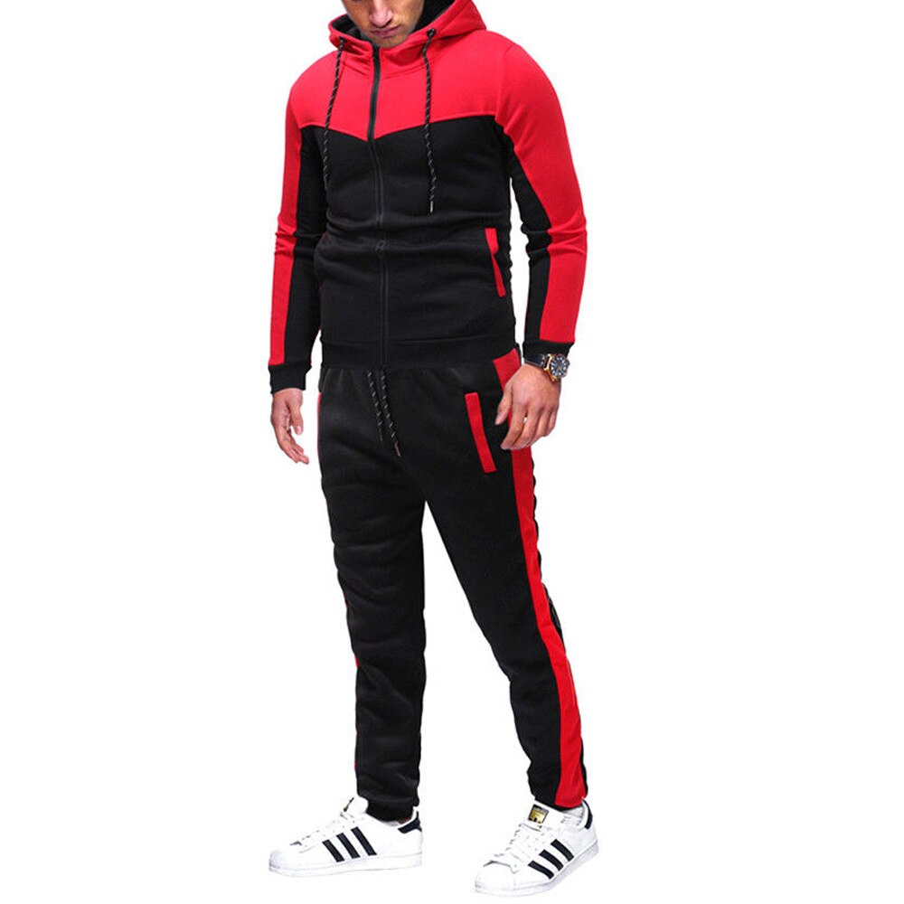 Survêtement à capuche pour hommes, ensembles de vêtements de sport masculins, sweat-shirt + pantalon, avec fermeture éclair, ensemble 2 pièces, automne-hiver, collection survêtement: Rouge / 3XL