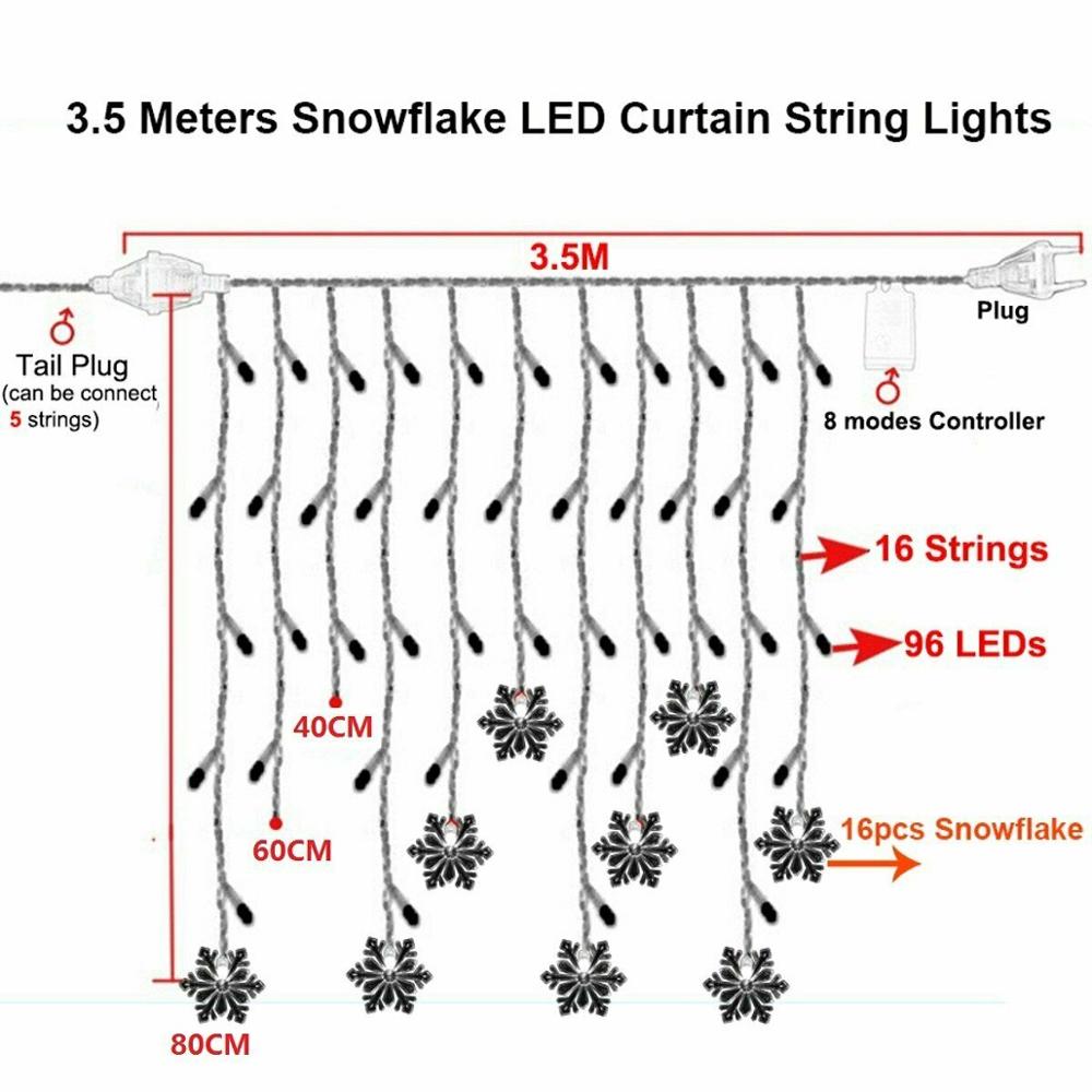 3.5m led jääpuikko 96 led verho keiju merkkijono valo lumihiutale led jouluseppele valo häihin kodin ikkunajuhlat 110v 220v