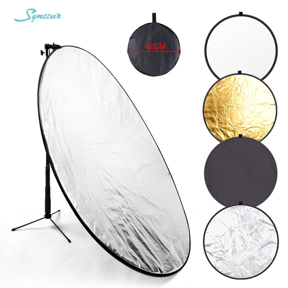 Bærbar sammenklappelig rund lysreflektor til fotografering multidisk 4 in 1 sølv / guld / hvid / sort fotoreflektor med stativ
