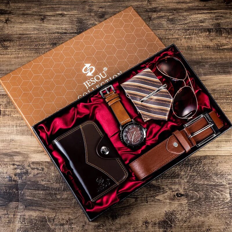 JESOU, conjunto de Relojes Retro para hombre, reloj de pulsera, gafas de sol con cinturón, billetera plegable, corbata, caja de , conjuntos para el Día del Padre y el padre de los hombres