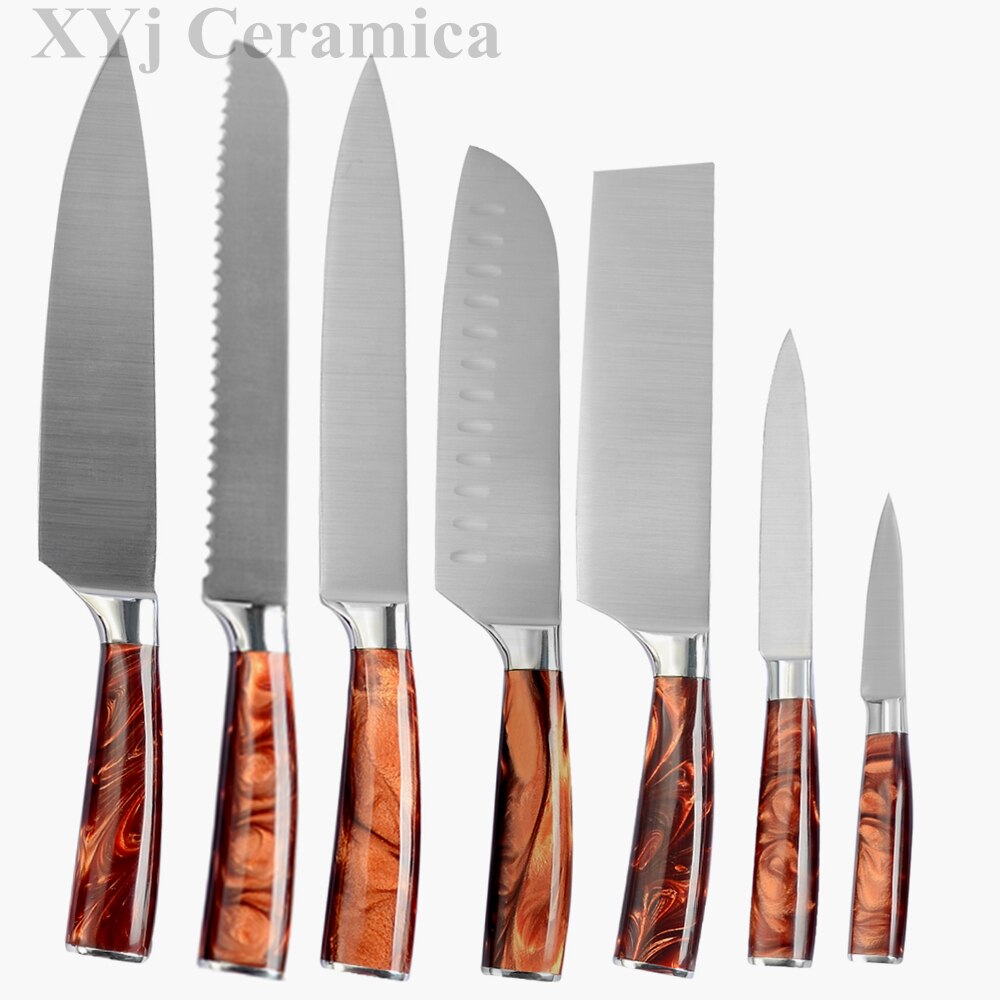 XYj Stainless Steel Kitchen Tool Set 8'' Chef Bread Slicing 7'' Chopping Santoku Knifes 5'' Utility Santoku 3.5'' Paring Slicer: B 7pcs set