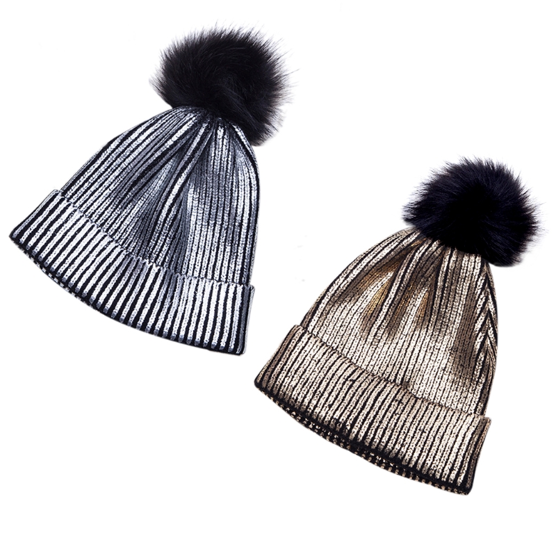 Kvinner jenter vinter varm metallisk skinnende strikket heklet lue med pom pom
