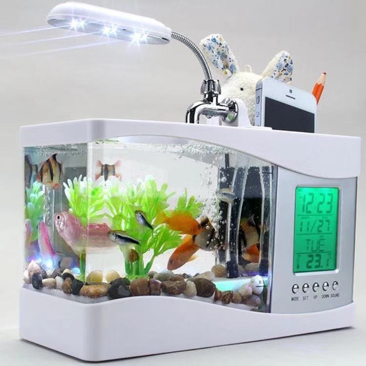 Multifunctionele Kleine Aquarium Op Tafel Mini Gold Fish Tank Filter Verlichting Drie-In-een Vechten Aquarium aquarium Accessorie: White / US plug adapter