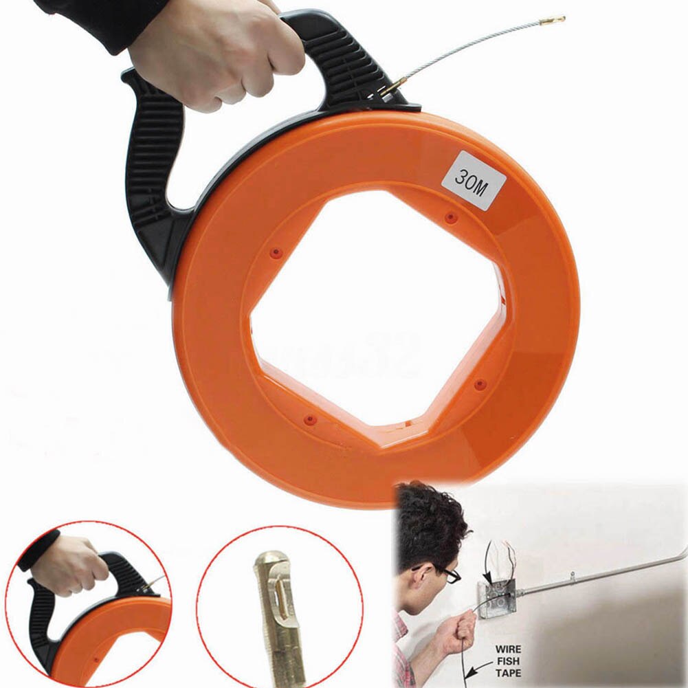 30m Rodder Flexible Ducting Conduit Measuring Heavy Duty Portable Electrical Reel Puller Fiberglass Fish Tape Non-Conductive Tip