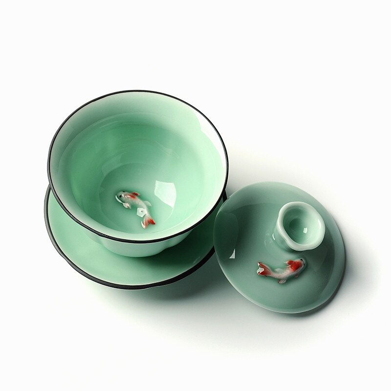 3D Goldfish Gaiwan Ceramic Longquan Celadon Tea Tureen Gongfu Tea Set Tureen Cup