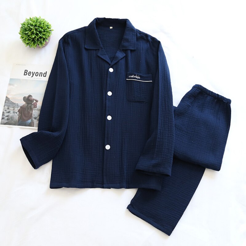 Pyjama en gaze et crêpe pour homme, vêtement de nuit en coton, couleur unie, taille élastique, grande taille, collection automne et hiver: Navy / M