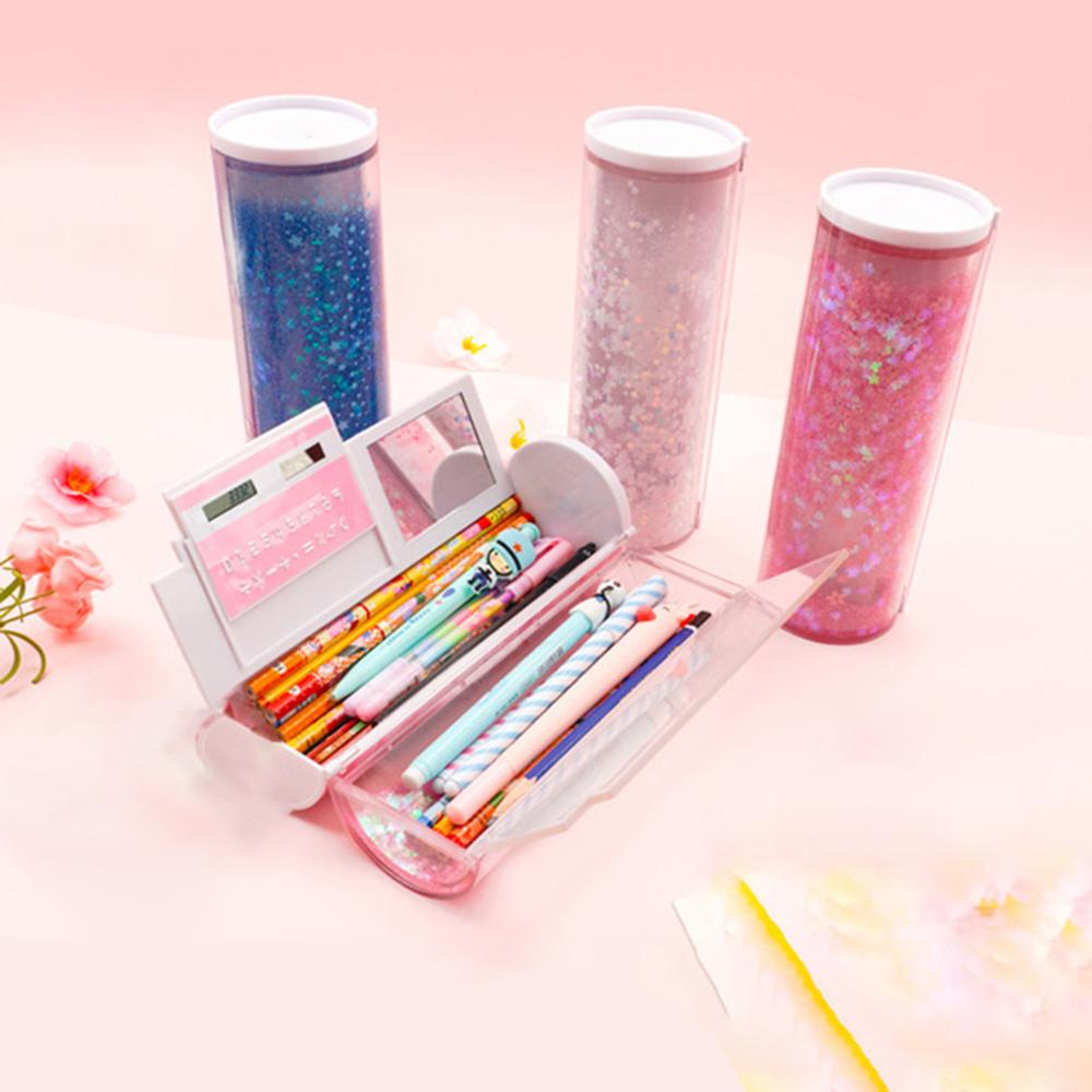 Quicksand Translucent Pencil Case Multifunction Cylindrical Calculator Stationery School Pen Holder