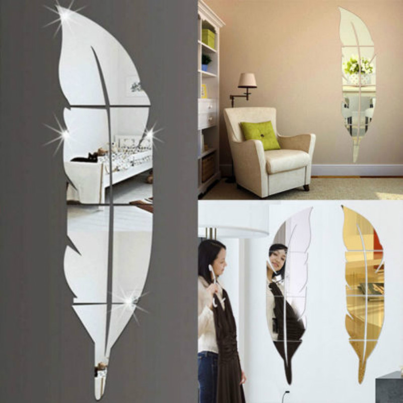 3d fjer spejl væg klistermærke værelse maleri vægmaleri kunst diy boligindretning