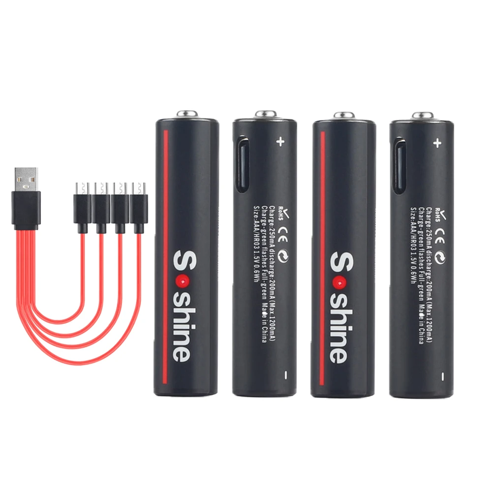 Soshine 600mwh usb li-ion aaa wiederauf ladbarer akku aaa 1,5 v lithium batterien mit 4-in-1 usb kabel für spielzeug kamera taschenlampe: Gold