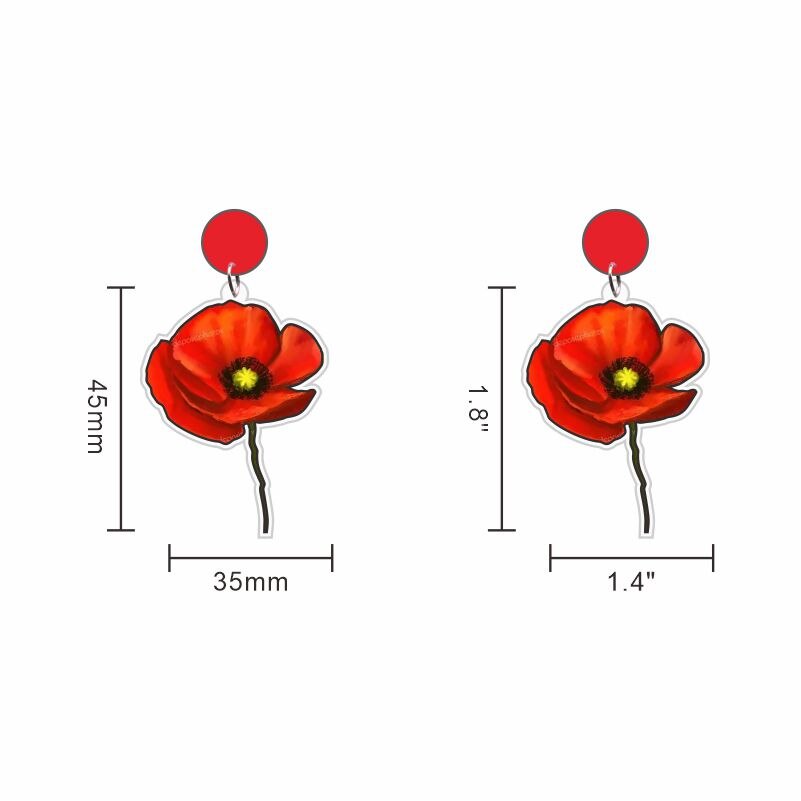 Rød valmue blomst sort kors hjerte form cirkel med blomster akryl ørestikker romantiske valmuer buket broche smykker: Blomst med stilke