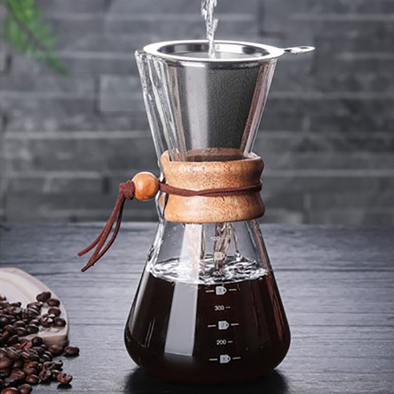 Cafetera de vidrio con filtro V60, cafetera percoladora de vidrio con mango de madera de borosilicato de 400ml 600ml 800ml