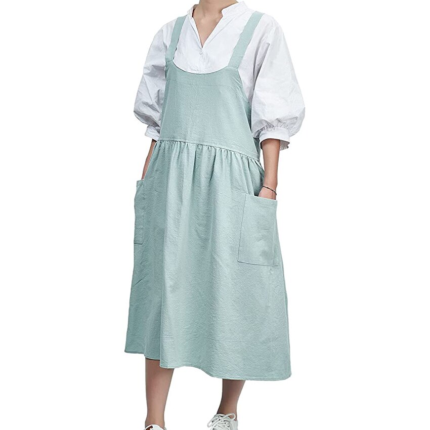 Japanska linneförkläden för kvinnor med fickor, korsrygg, sött förkläde, klänning, för trädgårdsskötsel, målning, bakning och matlagning