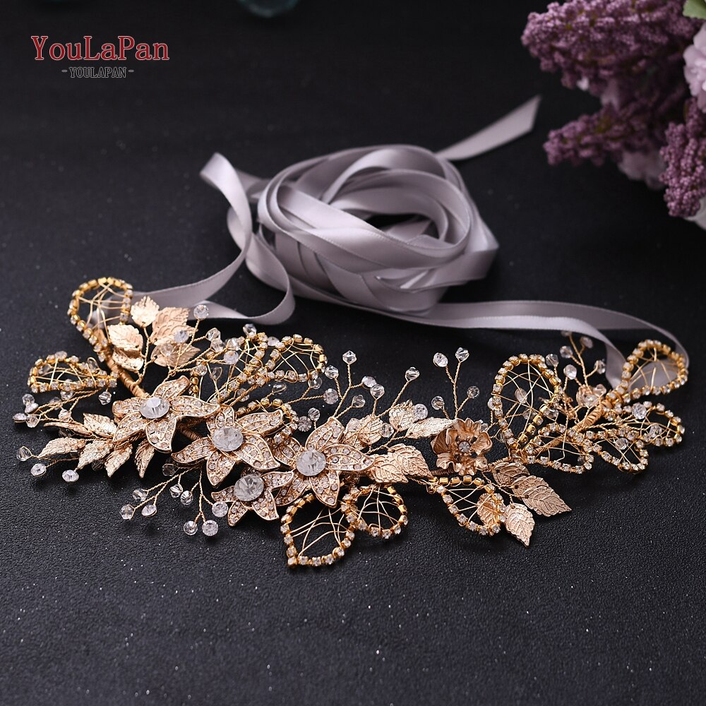YouLaPan, cinturón Floral con diamantes de imitación, cinturón dorado para mujer, cinturón brillante, cinturones de boda para señora, cinturón nupcial con flores doradas SH282: Gray ribbon