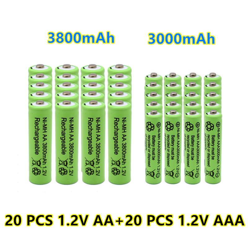 1.2 V AA 3800mAh Piles Rechargeables NI-MH + 1.2 V AAA 3000 mAh batterie Rechargeable NI-MH batterie: 20 pcs
