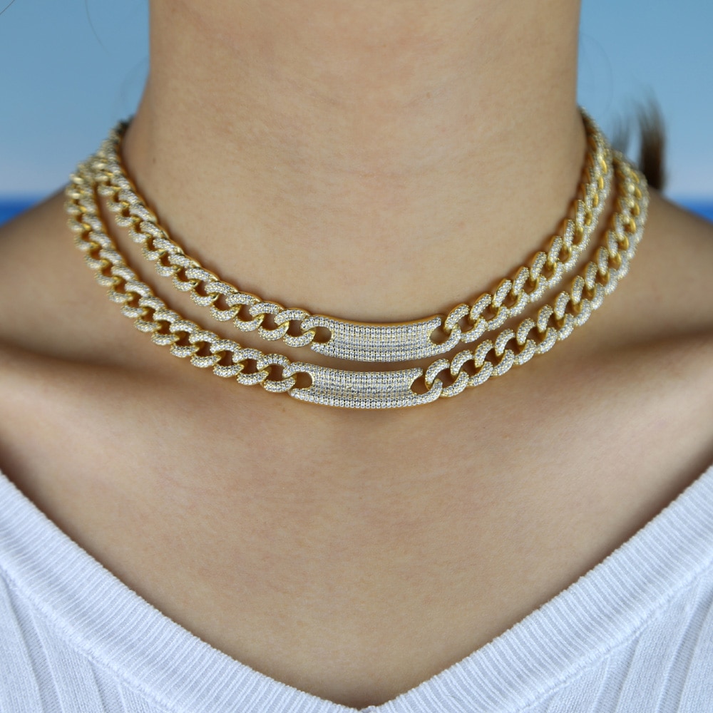 Charm miami wide heavy Cuban link chain micro pave cz curve bar pendant necklaces Gold Silver color women Hip hop Rock Jewelry