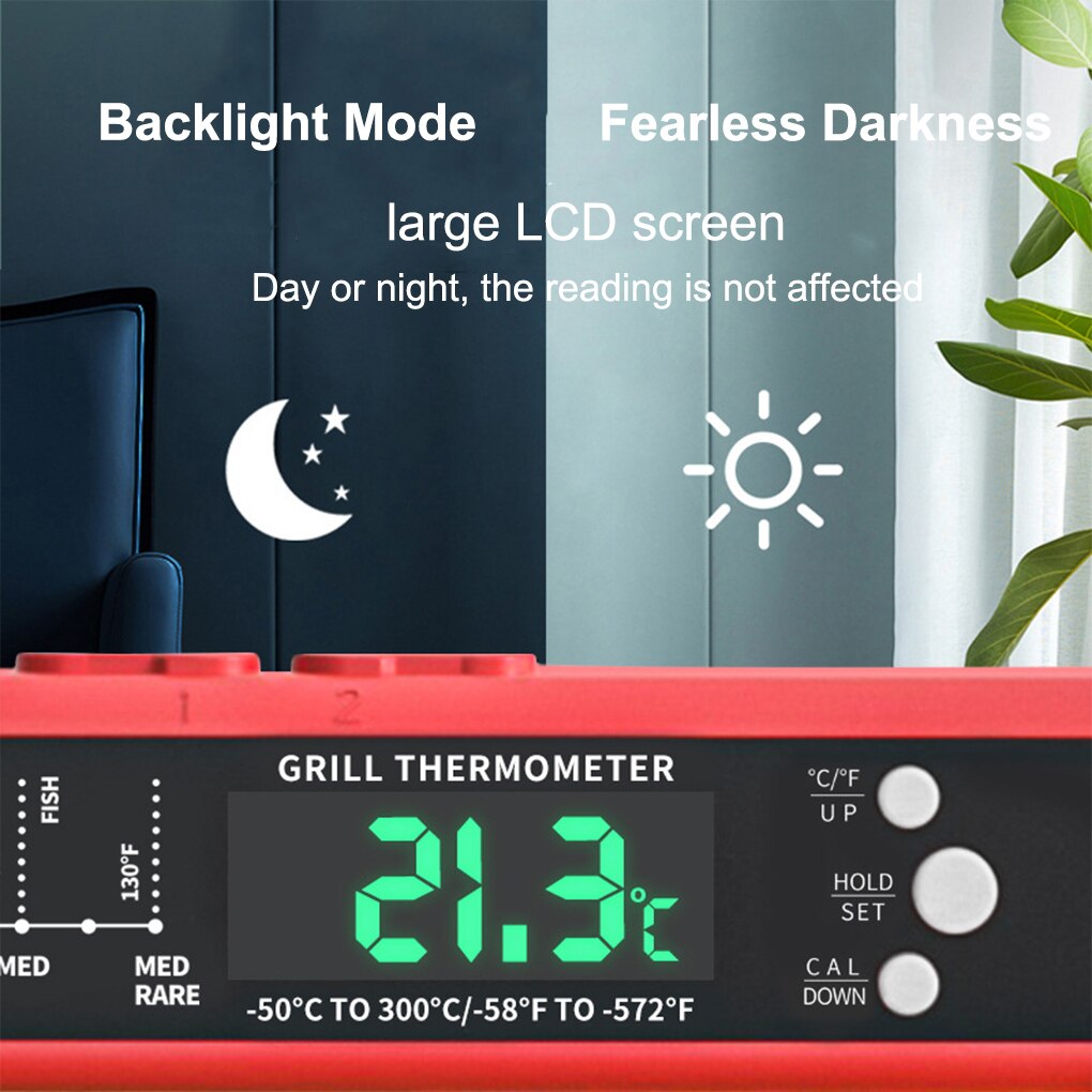 Food Thermometer Stainless Steel Probe LCD Digital Instant Read High Accuracy Fodable Over-temperature Clock Temperature Guage