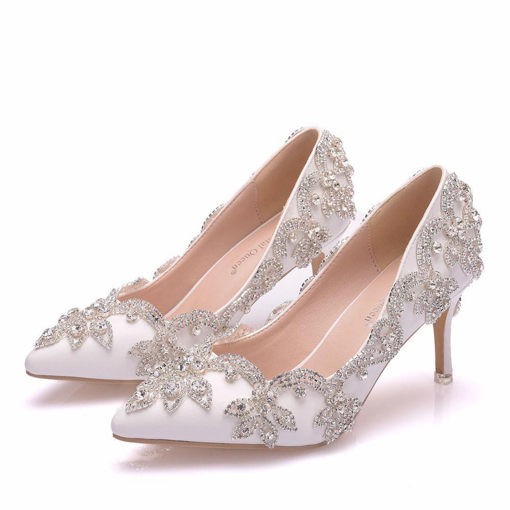 Crystal Queen Vrouwen Schoenen Hoge Hakken Bruiloft Dunne 7CM Hakken Witte Diamant Glinsterende Avondjurk Bruid Schoenen Kristal Pompen