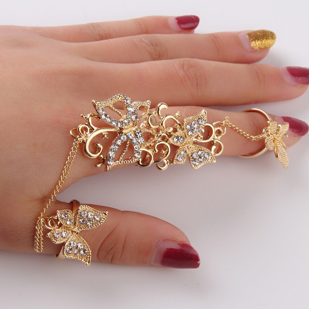 1Pc Rhinestone Bloem Vlinder Volledige Vinger Ring Goud Chian Link Dubbele Ring