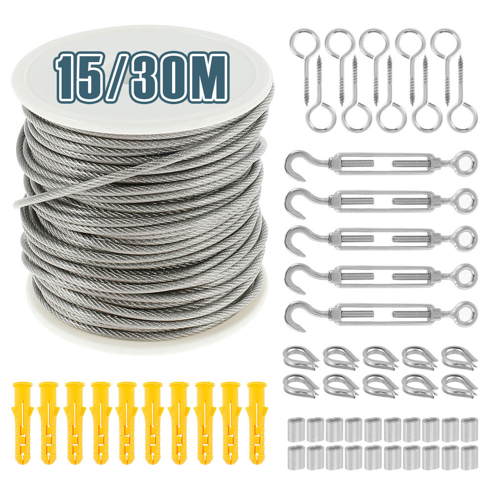 15M/30M Stainless Steel Cable Railing Kit PVC Coated Rust-proof Wire Cable Rope Heavy Duty Garden Wire Cable Fence Tent Roll Kit