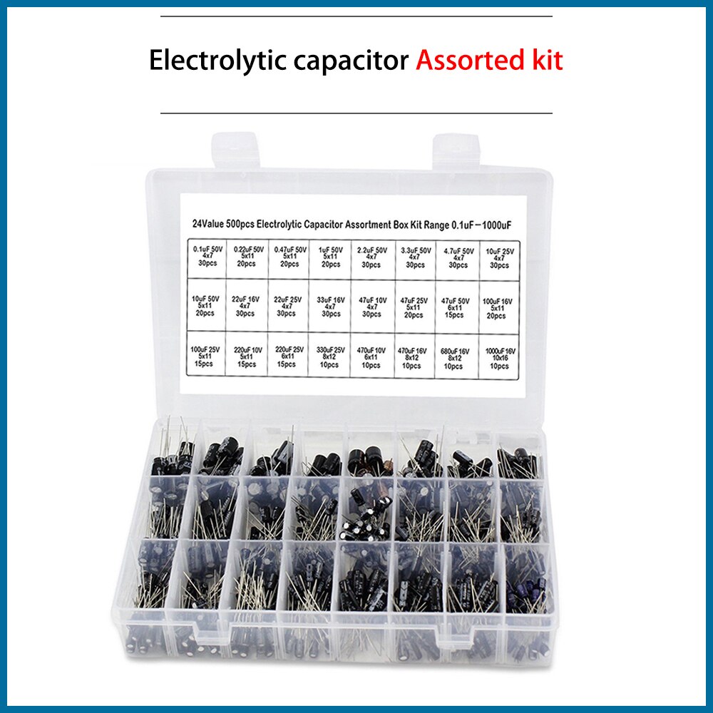 500Pcs/lot diy 0.1UF-1000UF 24Values Aluminum Electrolytic Capacitors 16-50V mix Electrolytic capacitor Assorted kit set box