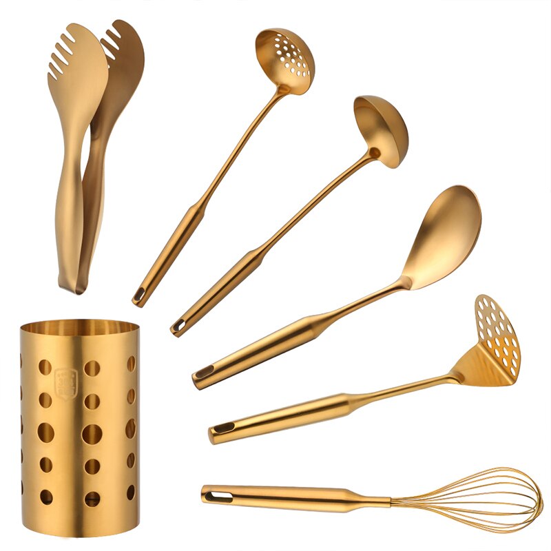 1/7pc Stainless Steel Kitchen Utensils Chopsticks Tube Soup Ladle Colander Set Gold Cooking Tool Set Egg Stirrer Kitchenware Set: Gold 7pcs