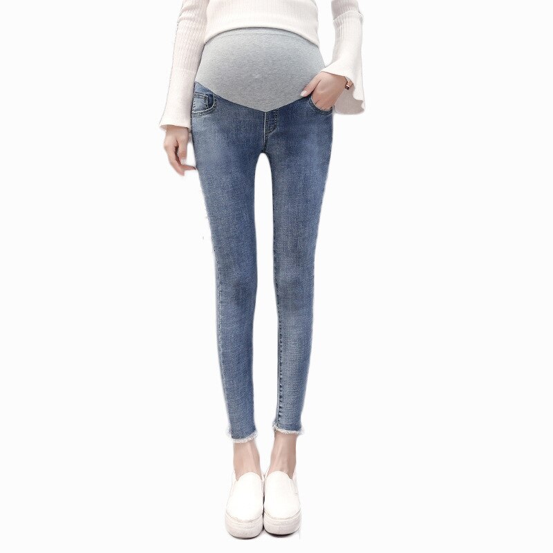 Calça jeans maternidade de 9/10 comprimento, jeans elástico, lavado, moda verão, roupa lápis para mulheres grávidas, calças para gravidez