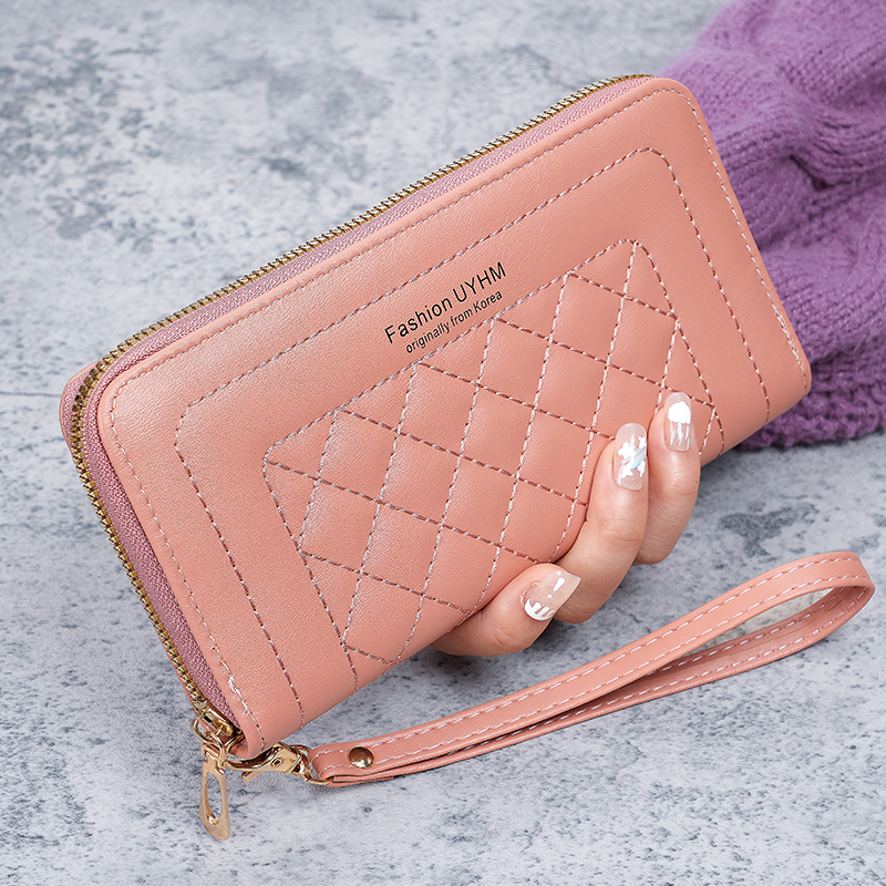 ladies purse long Joker zipper clutch bag embroidered large capacity soft wallet mobile phone bag: Pink