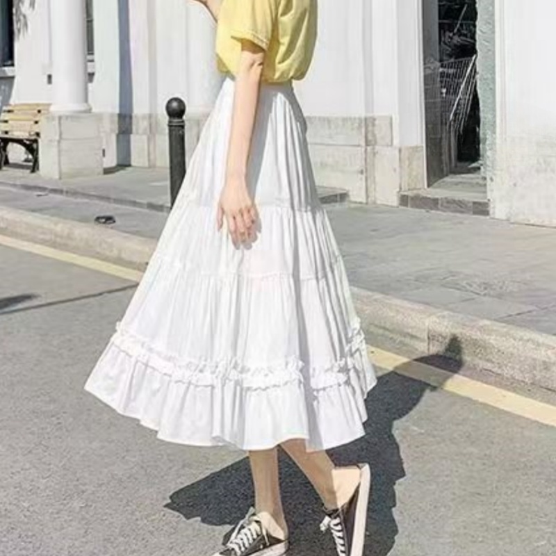 Casual Vintage Women Skirt Matching Chic Lady's White Skirt Sweet Girl's Cake Skirt Elastic Waist A-Line Mid Length Flare Skirt