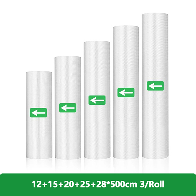 Bolsa selladora al vacío para cocina, bolsas de almacenamiento de bolsas al vacío para alimentos de 12/15/20/25/28cm x 500cm, bolsa transparente para envasado de alimentos, mantenimiento fresco: Plata
